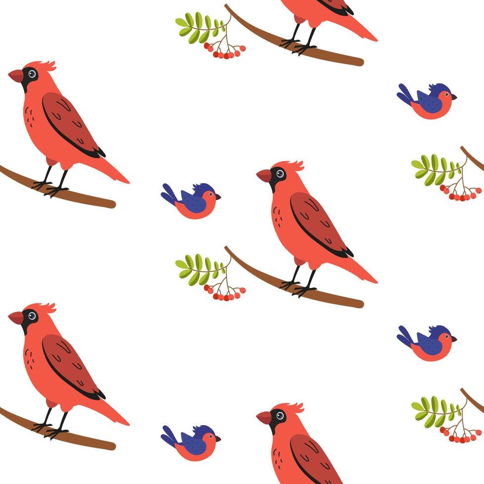 Colorful birds perched on branches surrounded by leaves and berries in a vibrant pattern vector