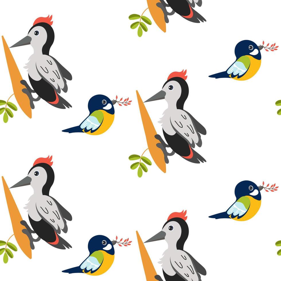 Colorful pattern featuring woodpeckers and small birds in a playful design vector