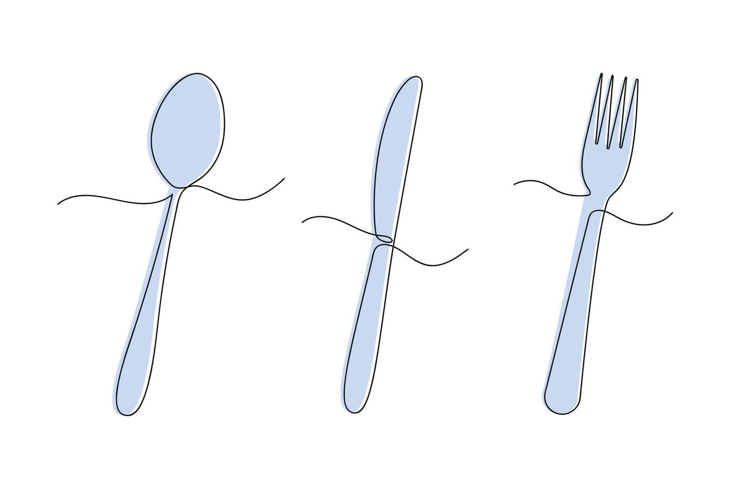 Set of cutlery in one continuous line in color. One line drawing, minimalism. vector