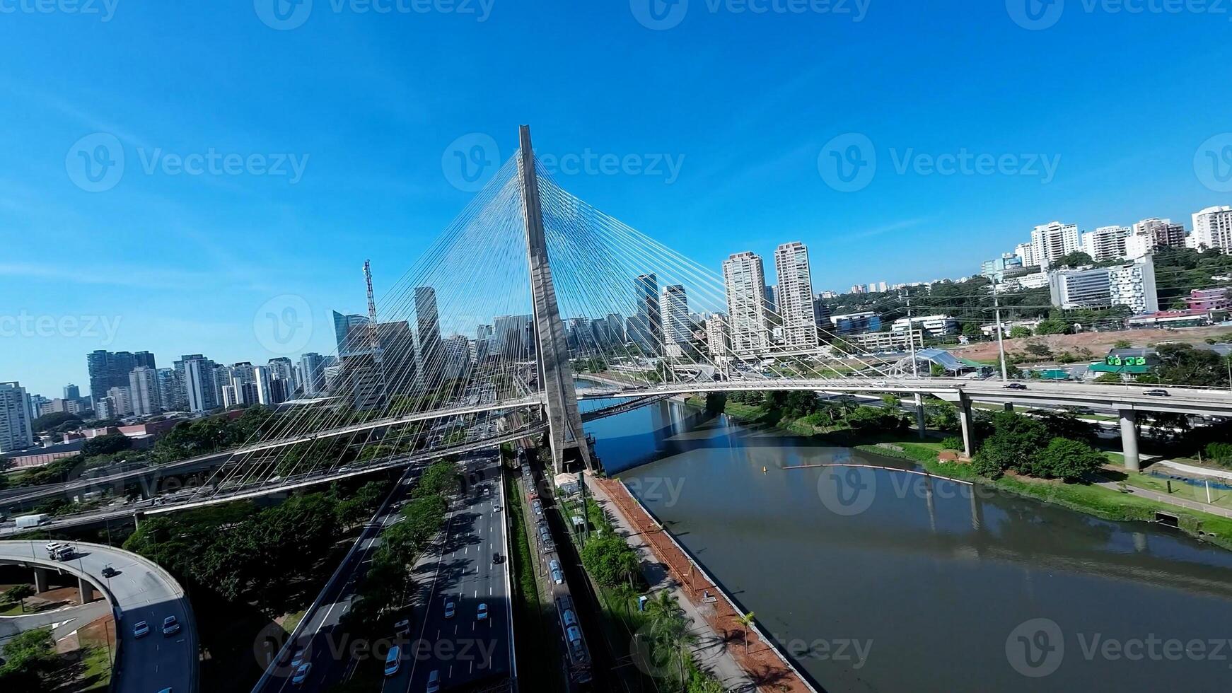Aerial View of Cable Bridge at Downtown Sao Paulo in Brazil. Awesome Time Lapse. photo