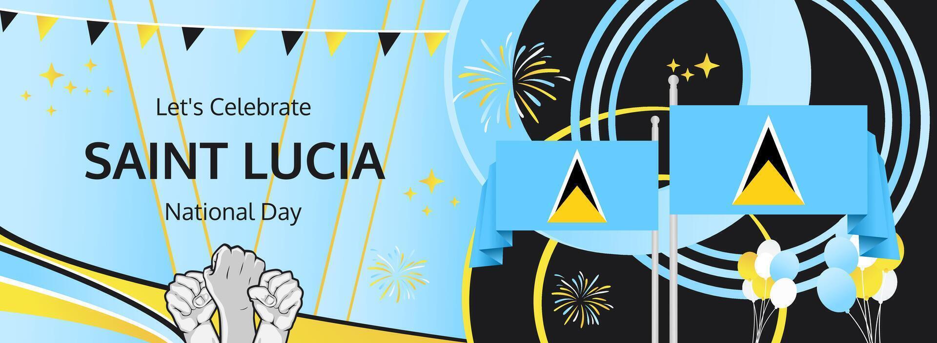 Happy Saint Lucia National Day. A lively banner designed for February 22nd, reflecting the island spirit through its flag colors, ideal for celebrations and tourism events vector