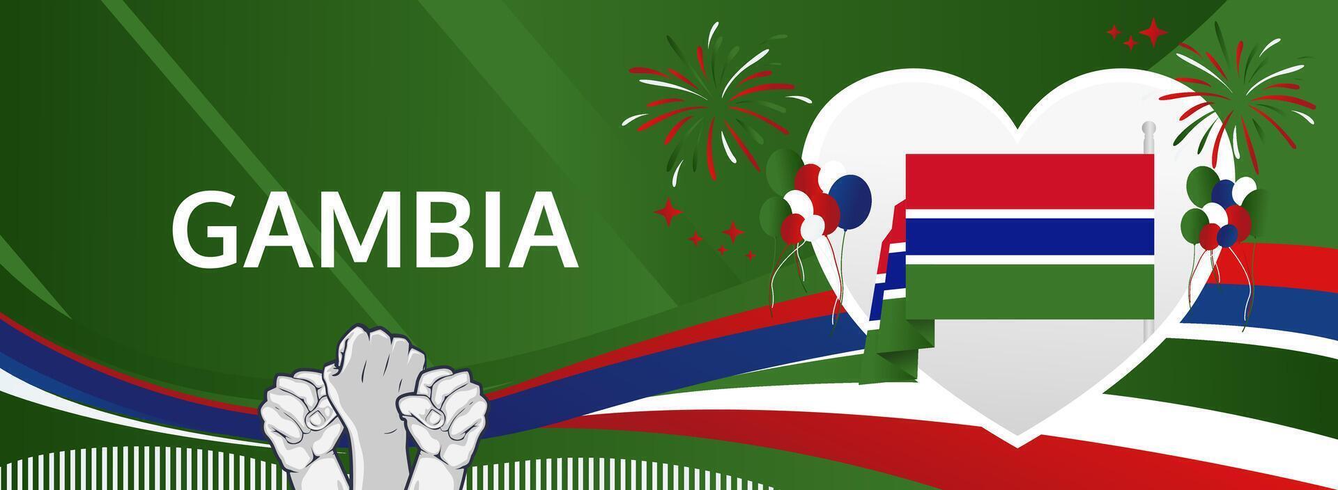 Gambia National Day Festivities. A festive banner for February 18th, designed to capture the spirit of independence, culture, and community celebrations vector