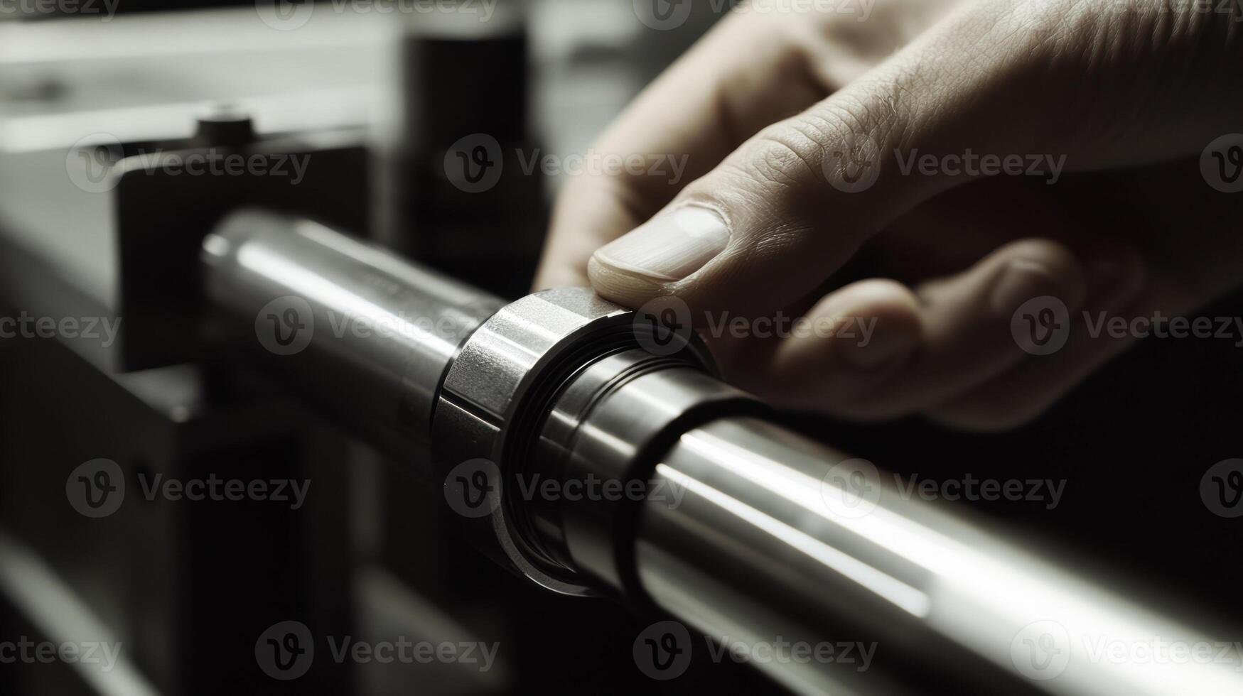 Technician installing bearing on metal shaft in factory photo