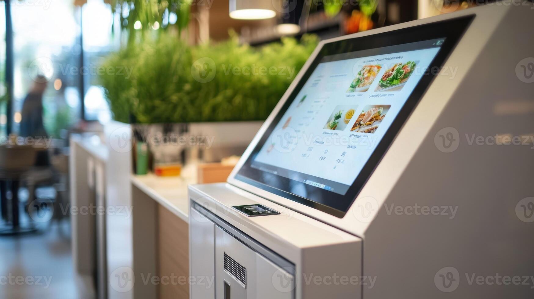 Self service ordering kiosk showing menu in modern restaurant photo