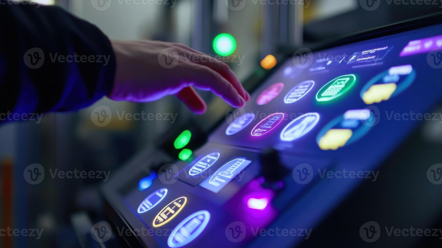Engineer operating futuristic touchscreen control panel in factory photo