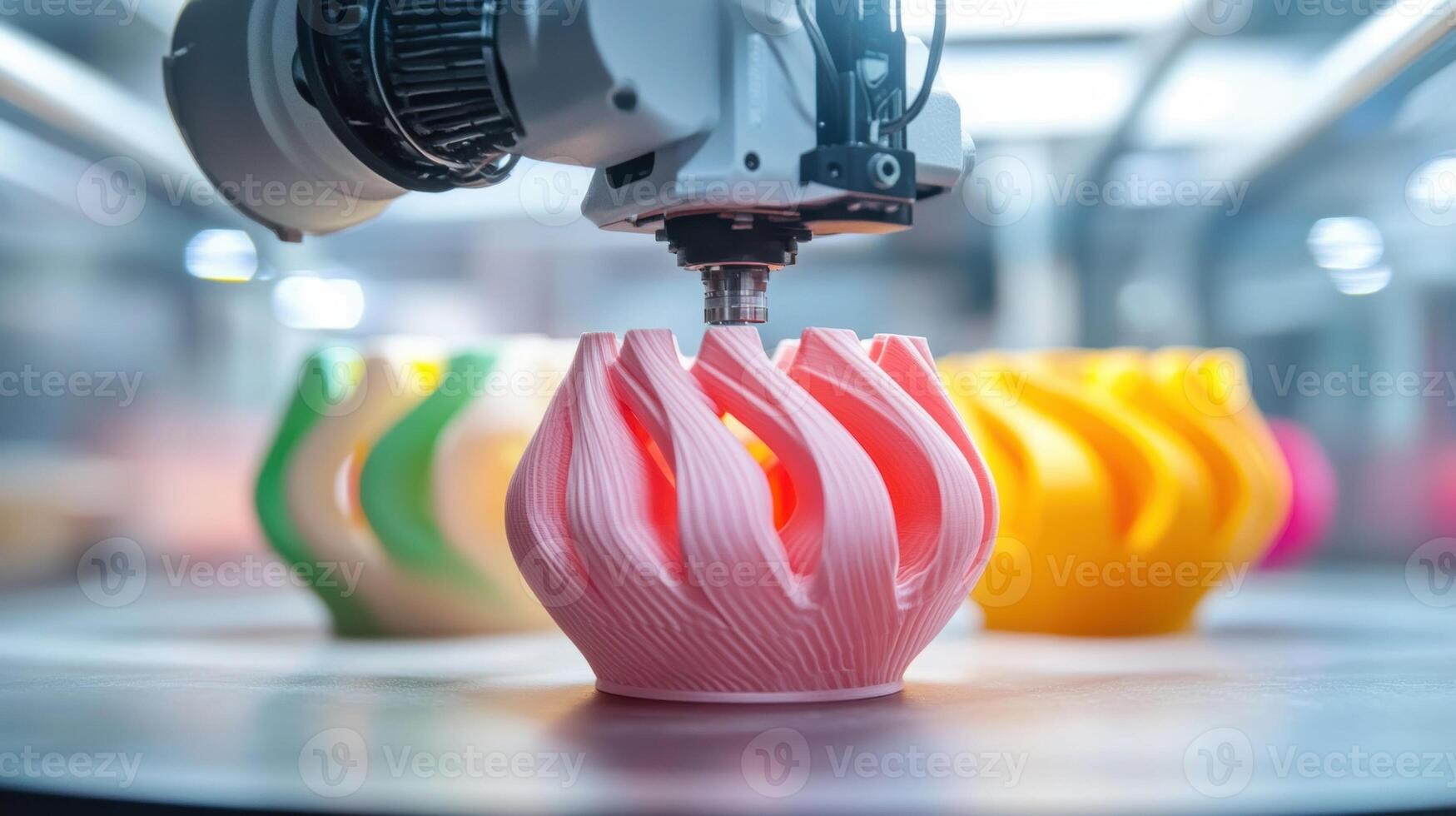 Robotic arm picking up newly printed pink vase in modern factory photo