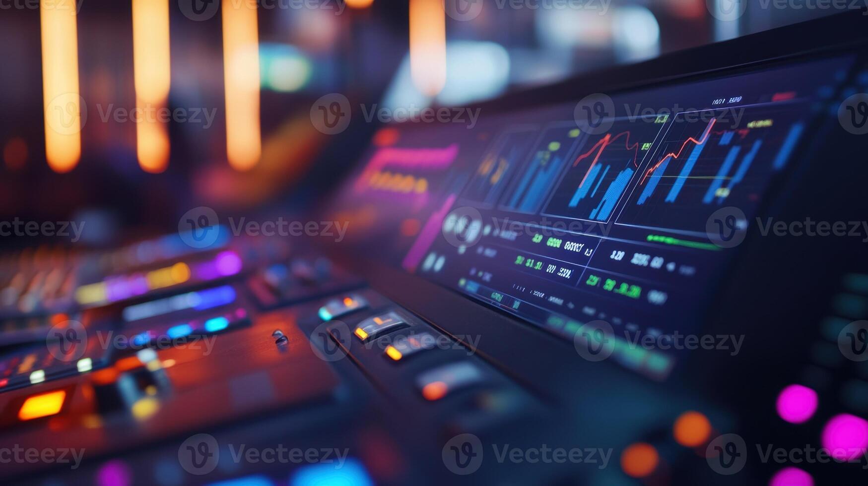 Professional audio mixing console showing real time charts and data visualization photo