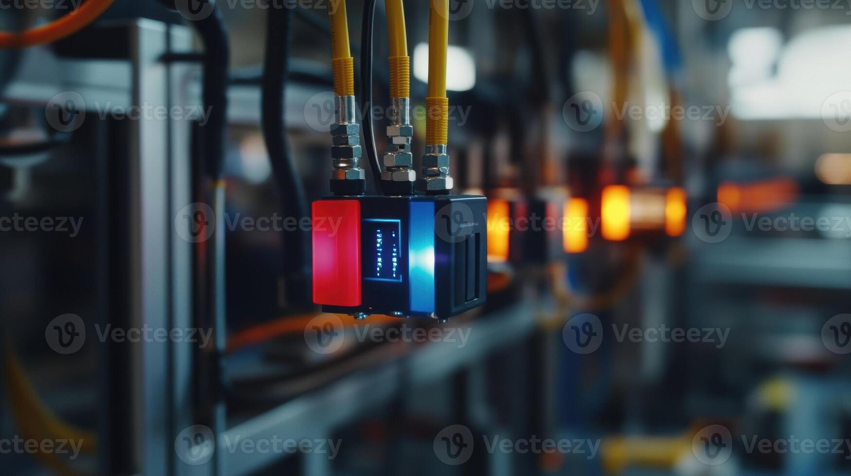 Automated production line with sensors monitoring manufacturing process photo