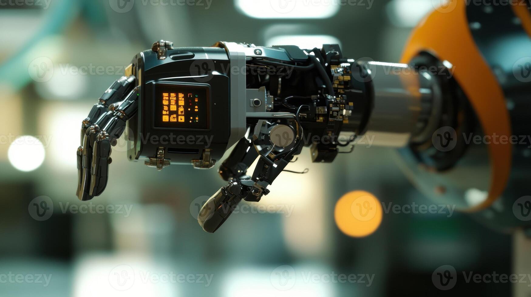 Robotic arm performing precision movements in modern factory setting photo