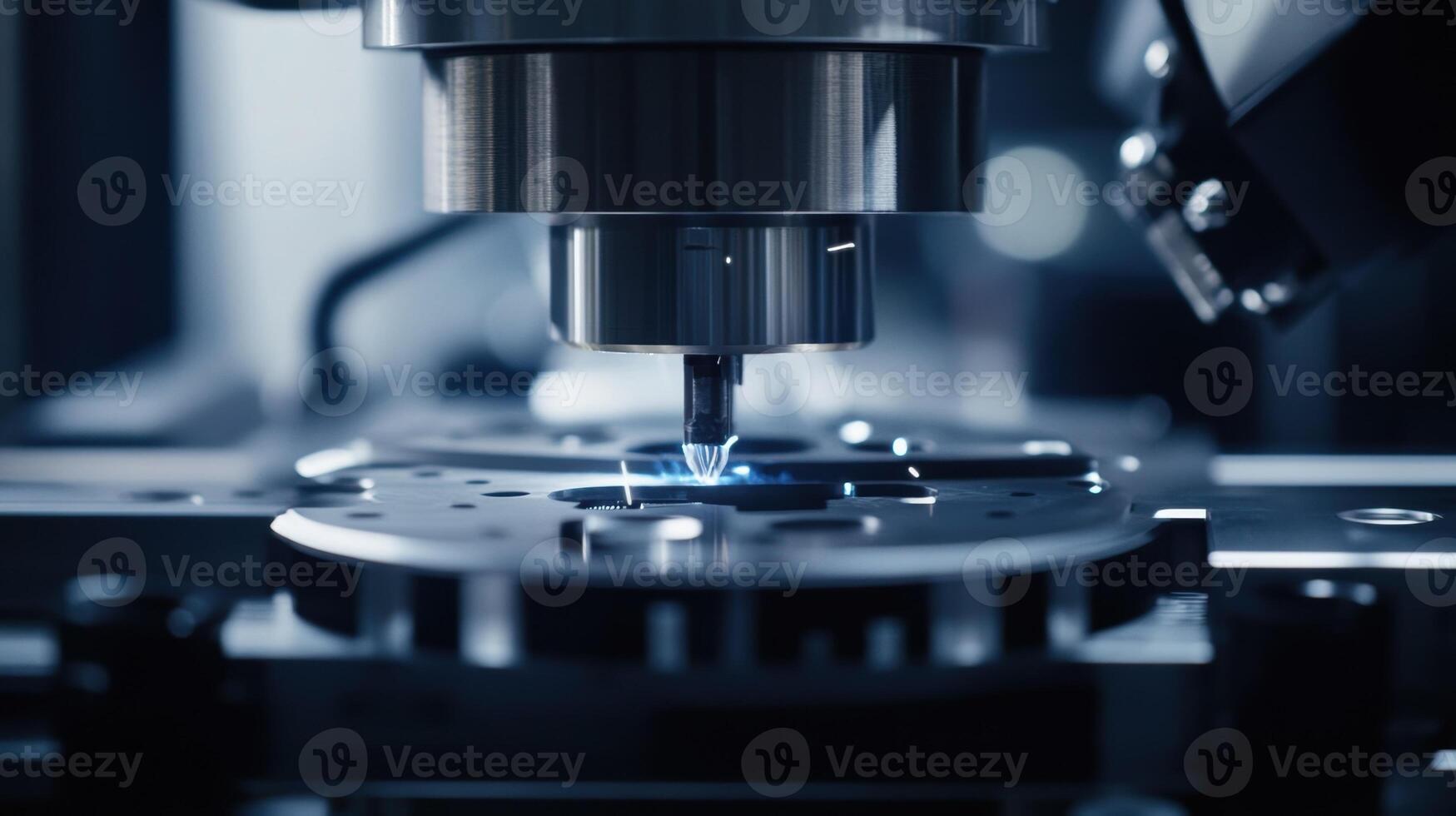 Precision cnc milling machine creating metal detail with sparks photo