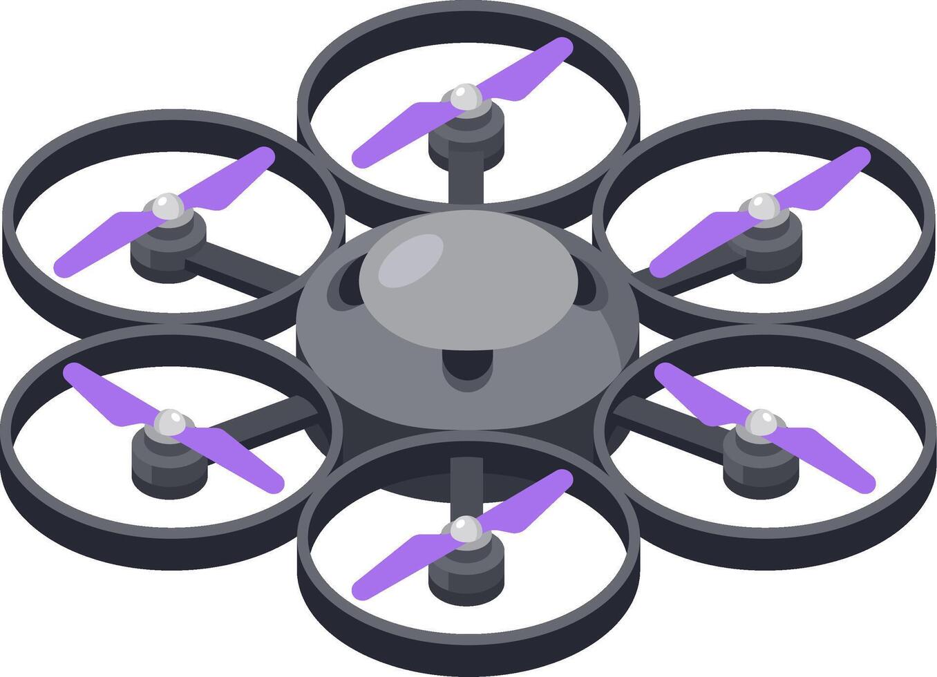 Modern hexacopter drone with six purple propellers spinning, hovering in the air, providing aerial photography and videography capabilities for various applications vector