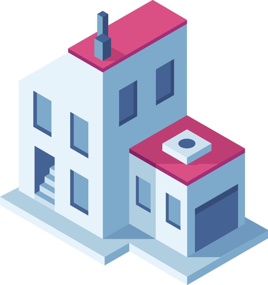Isometric illustration depicting a modern house featuring a garage and chimney, ideal for showcasing real estate and architectural concepts in vibrant urban or suburban settings vector