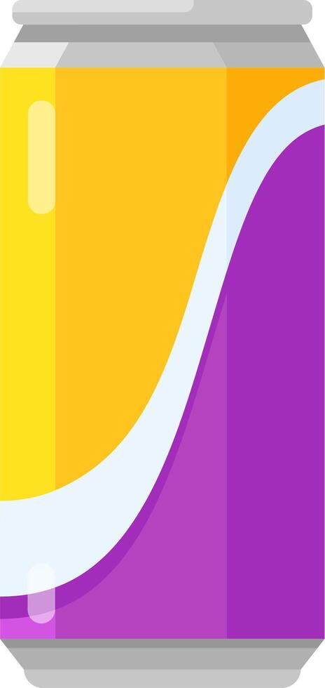 Colorful aluminum can with a vibrant yellow and purple label, suggesting a refreshing and flavorful beverage, perfect for quenching thirst on a hot day vector