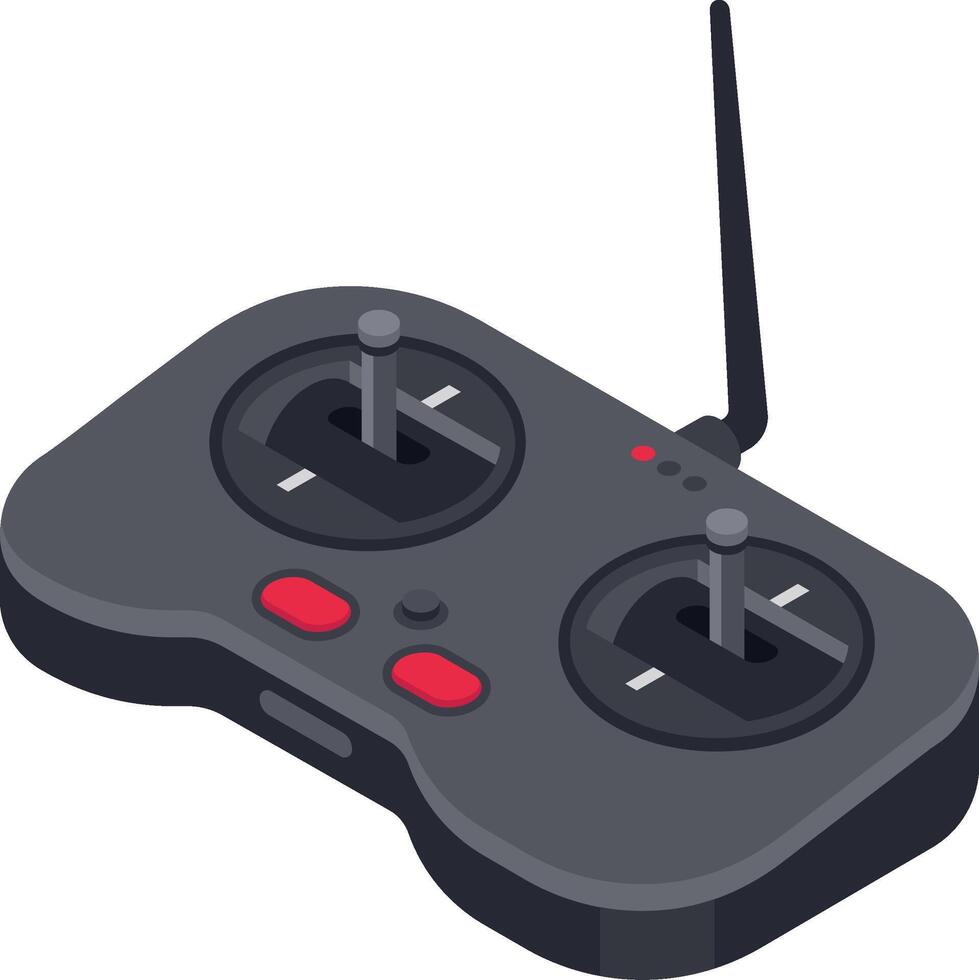 Radio remote control featuring two joysticks and red buttons, equipped with an antenna for piloting drones or RC vehicles, presented in an isometric view vector
