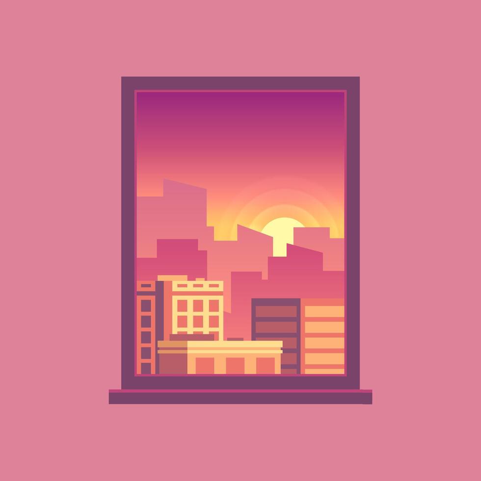 Pixel art illustration depicting a vibrant cityscape view from a window during sunset, featuring silhouetted buildings against a purple sky and a pink wall, creating a stunning urban scene vector
