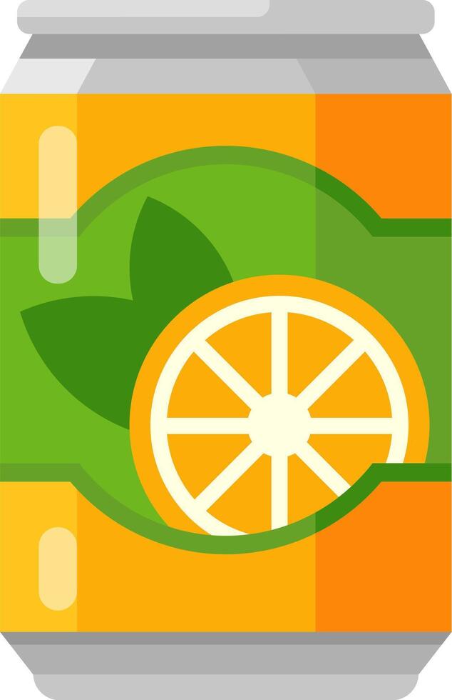 Aluminum can with orange juice is depicted, featuring an orange slice and leaf on the label, representing a refreshing and healthy beverage option vector