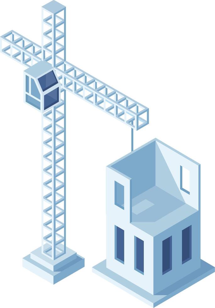 Construction crane building a house using prefabricated modular concrete panels, isometric view of building under construction, concept of real estate development and modern building techniques vector