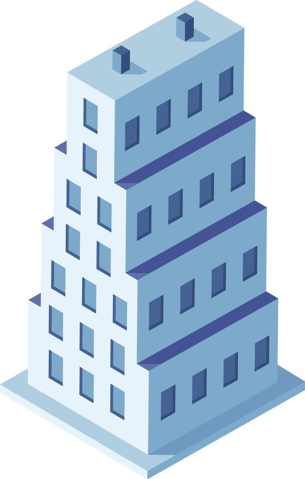 Modern isometric skyscraper with blue windows rising towards the sky, representing urban architecture and business growth in a contemporary digital art style vector