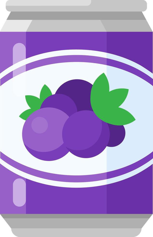 Aluminum can with purple grape juice and stylized bunch of grapes with green leaves, isolated on white background, ideal for healthy and refreshing themes vector