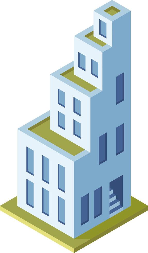 Modern isometric building featuring rooftop terraces, windows, and a staircase entrance, representing urban architecture and sustainable design vector