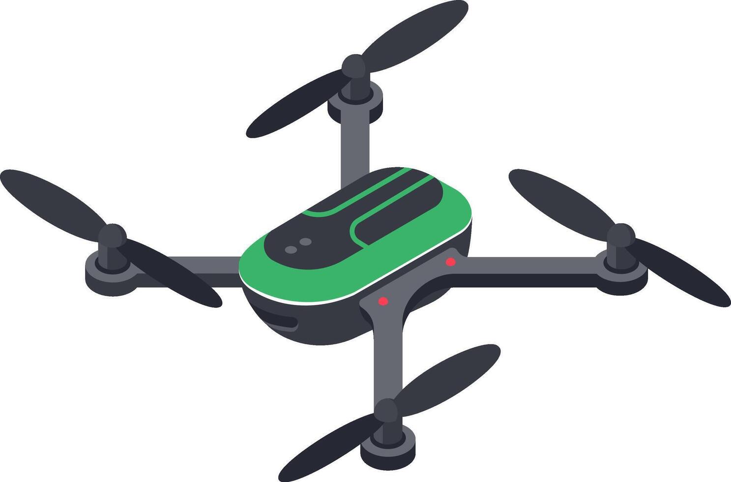 Modern quadcopter drone with green and black body hovering in the air with its four propellers spinning, representing aerial photography, surveillance, delivery, or recreational flying vector