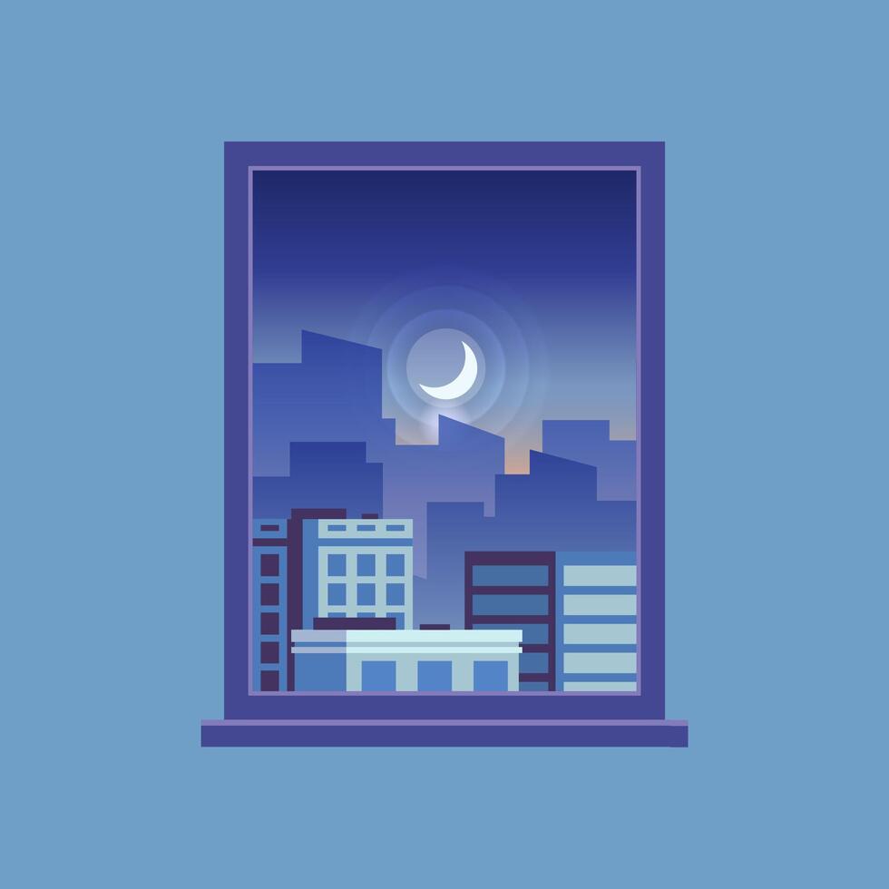 Cityscape at dusk, featuring a serene view from a window, with a crescent moon casting a gentle glow over modern buildings, creating a tranquil urban atmosphere vector