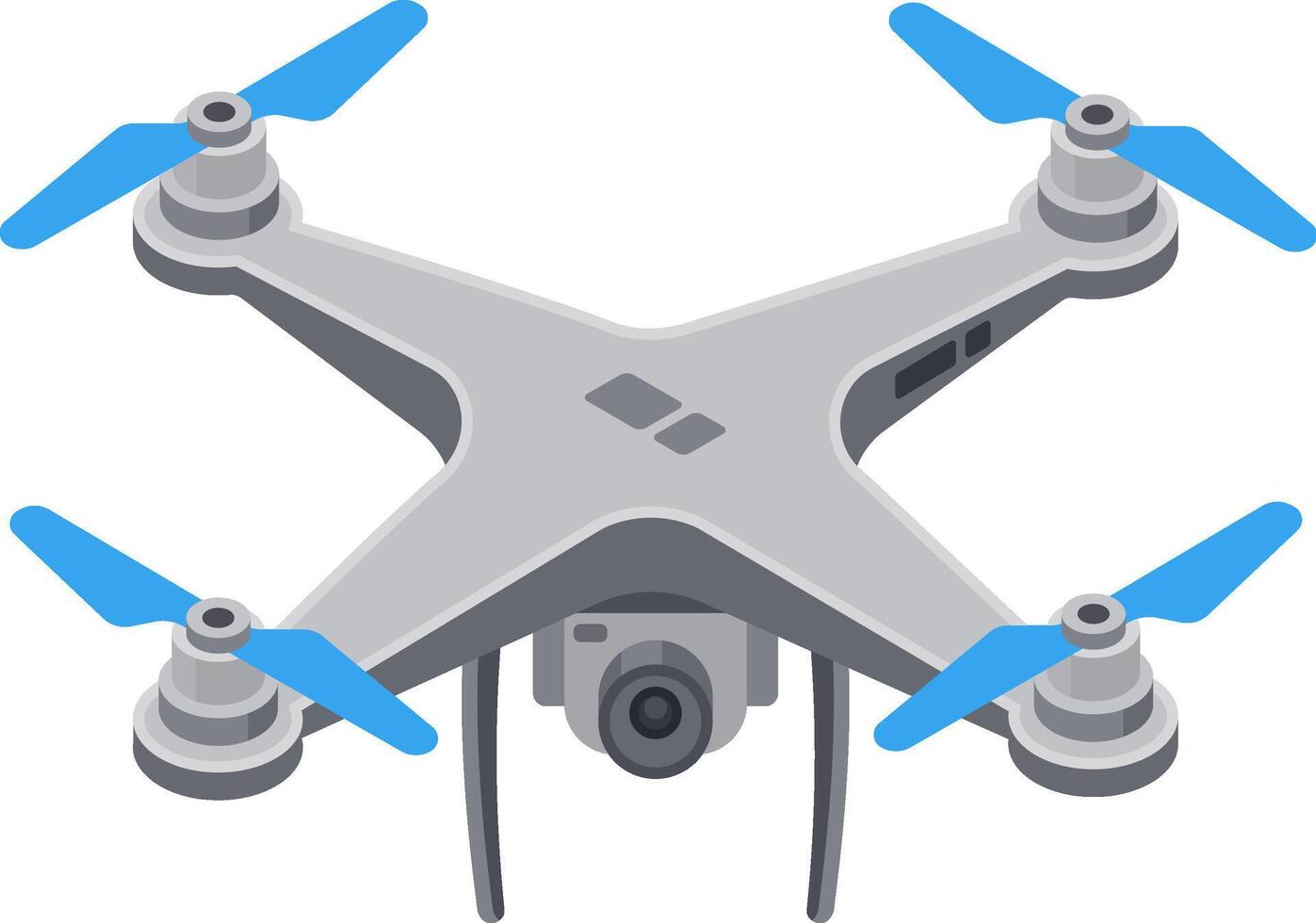 Modern white drone hovering gracefully in the air, featuring rotating blue propellers and equipped with a high resolution camera for capturing stunning aerial photography and videography vector