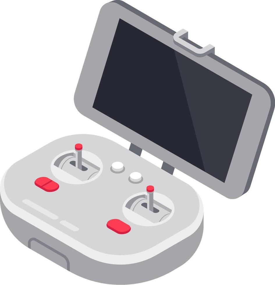 Remote control for drone featuring a blank screen, joysticks, buttons, and antennas, poised for flight and ready to capture stunning aerial footage and vector