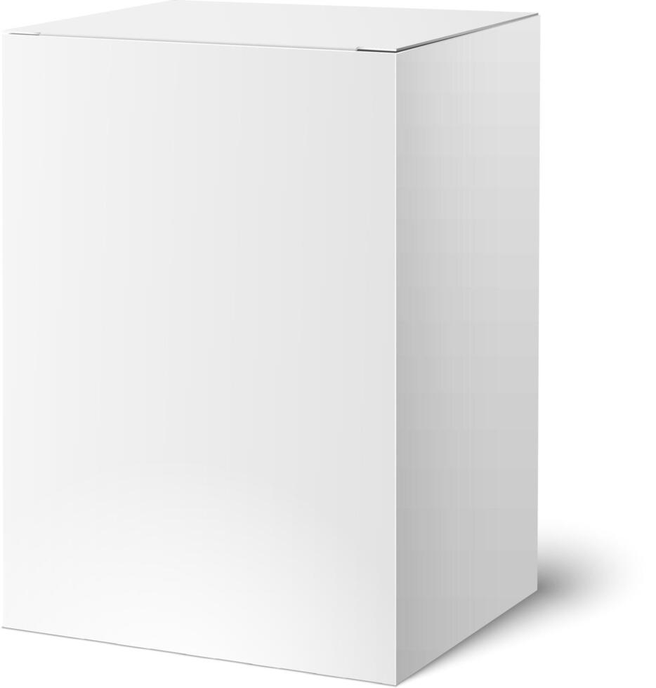 Realistic white closed box casting a soft shadow on a clean white surface, providing an ideal backdrop for displaying product packaging designs and branding concepts vector