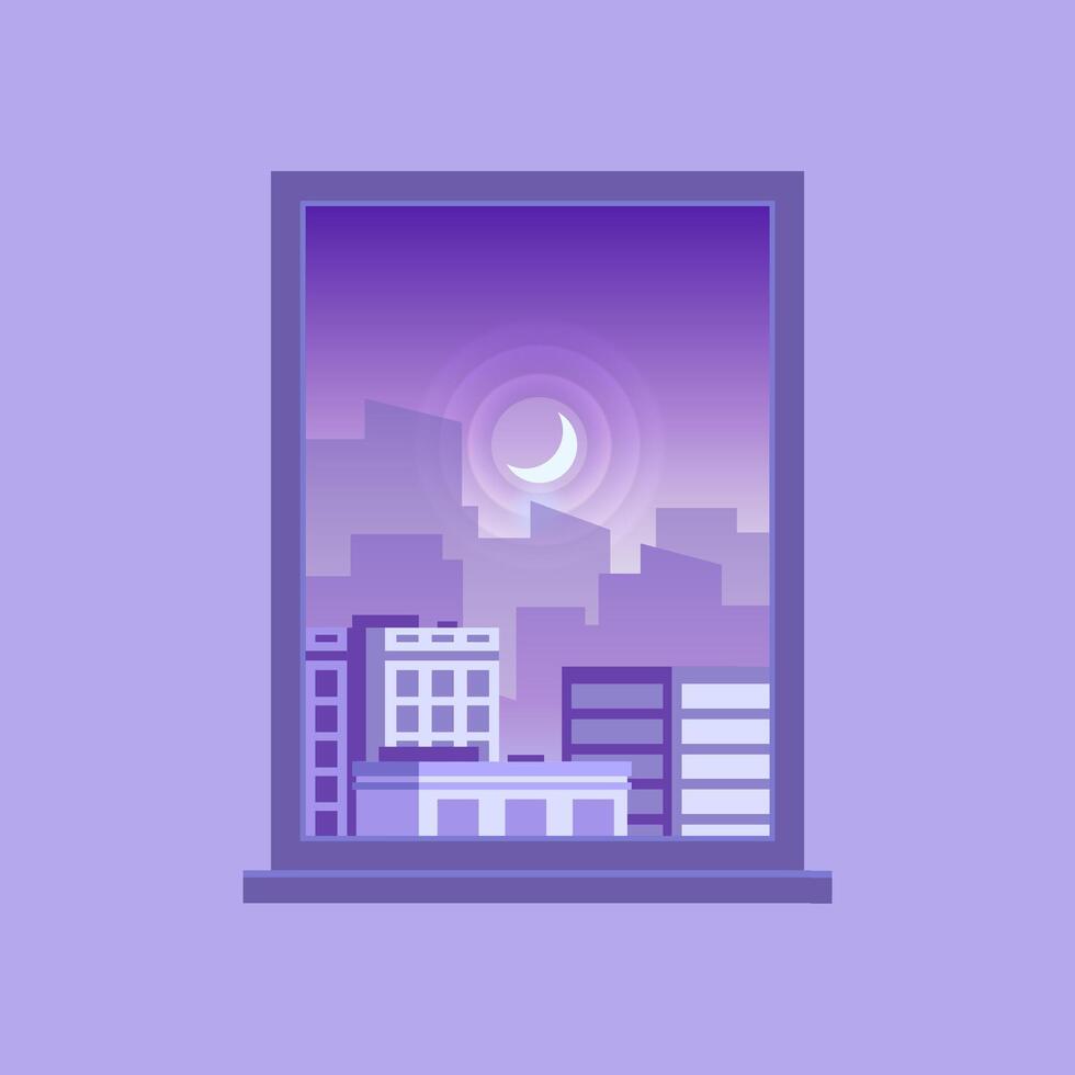 Minimalist illustration of a cityscape at night with a crescent moon rising, viewed through a window, creating a peaceful and dreamy atmosphere vector