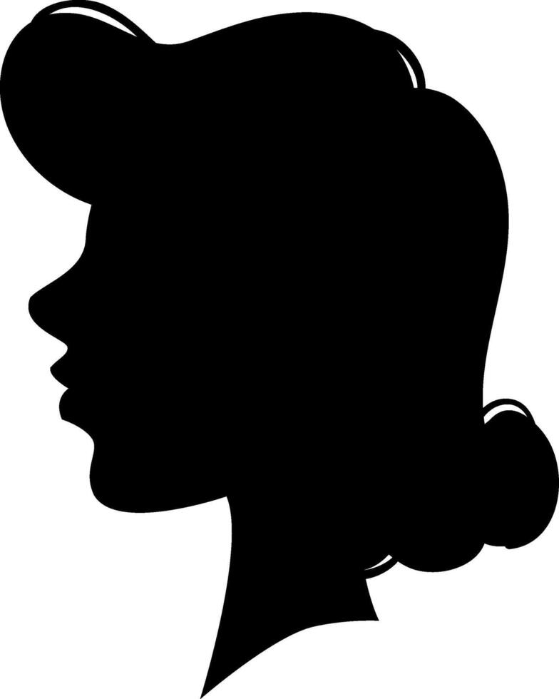 Black silhouette profile of female head with elegant retro hairstyle, isolated on white background, representing beauty, fashion, and vintage style vector