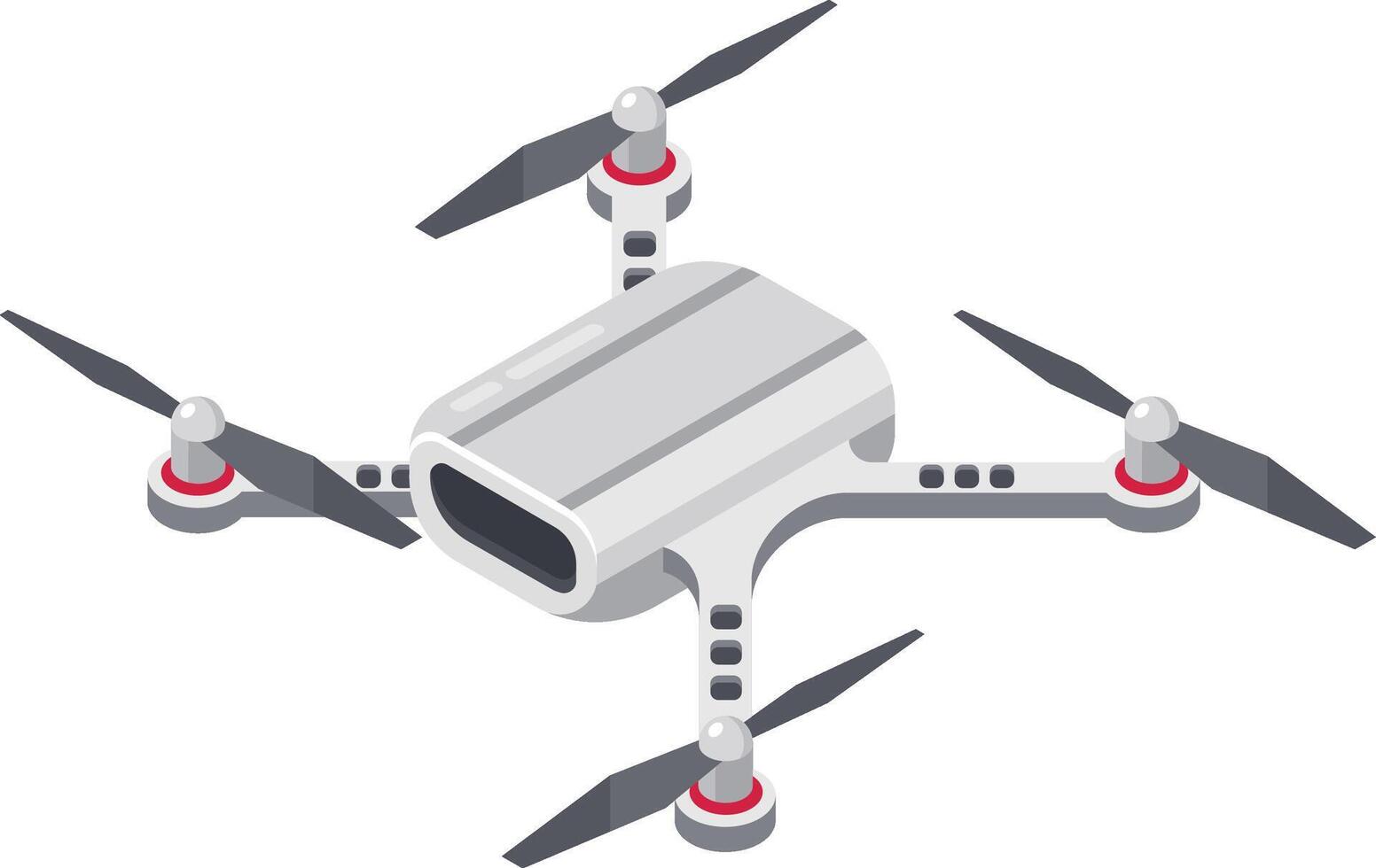 White drone with rotating propellers and a camera flying, capturing photos and videos, representing modern technology and innovation in aerial photography and surveillance vector