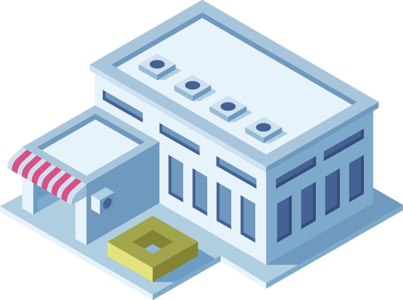 Modern isometric building featuring an awning, ventilation system on the roof, and a small planter, creating a contemporary architectural design vector