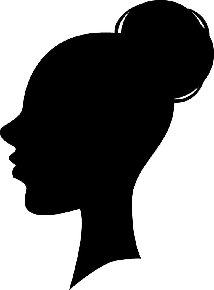 Black silhouette profile of a woman with a bun hairstyle looking left, isolated on a white background, representing beauty, fashion, and femininity vector