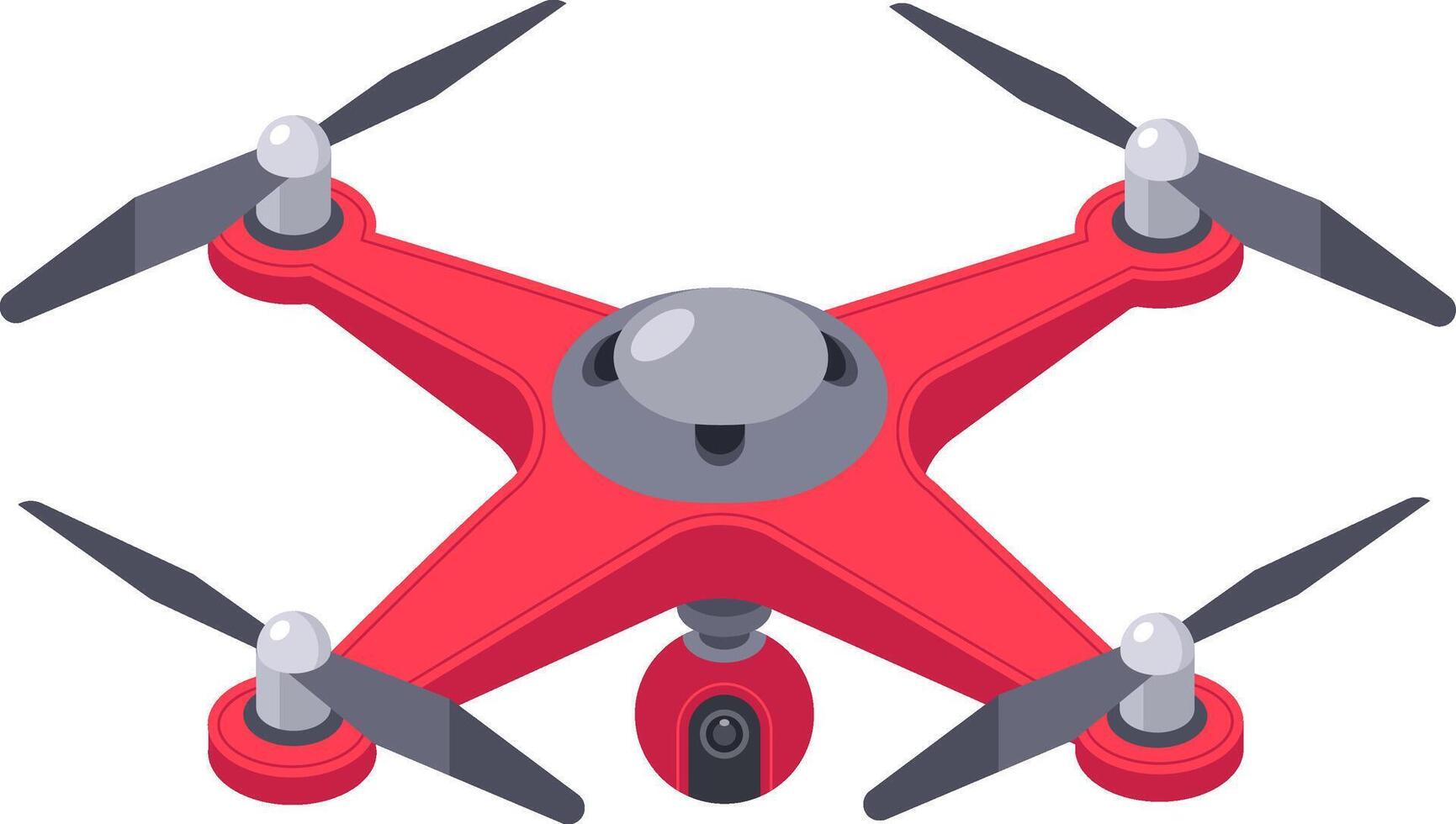 Red quadcopter drone with camera hovering, representing aerial photography, surveillance, delivery, innovation, and the future of unmanned flight vector