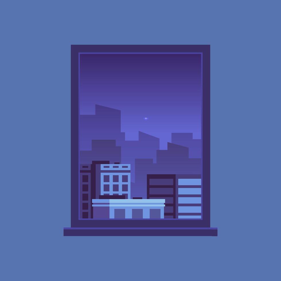 Cozy and tranquil night scene viewed from a window, showcasing a city skyline against a dark purple sky. Soft city lights twinkling, creating a serene urban atmosphere perfect for contemplation vector