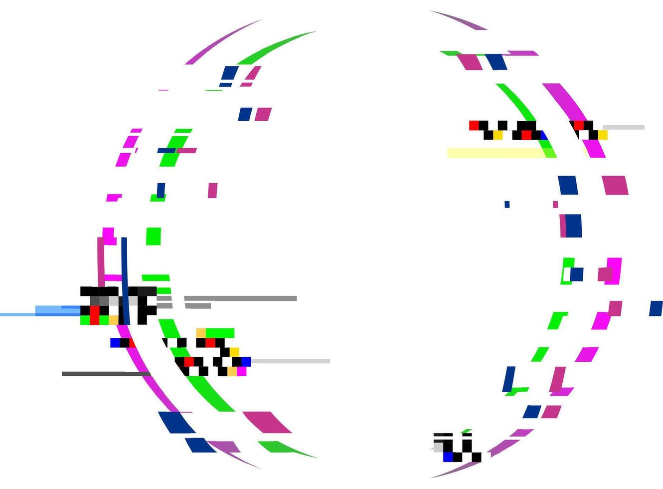 Pixel sorting effect creating colorful abstract circular shapes with glitches and distortions on a clean white background, ideal for digital art, graphic design, and modern technology projects vector