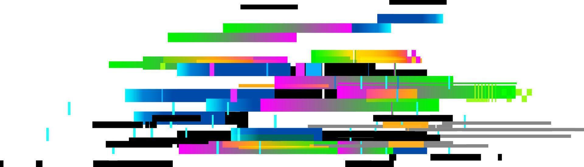 Digital distortion generating a glitch effect with colorful horizontal lines and pixelated squares, ideal for technology, internet or error concepts vector