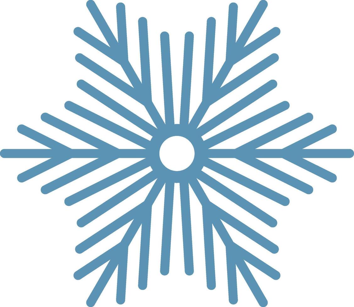 Minimalist illustration of a stylized six pointed snowflake with thin lines and rounded tips, radiating from a central circle, evoking winter, christmas, and cold temperatures vector