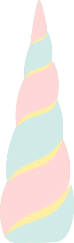 Magical unicorn horn spiraling upwards, featuring pastel pink and blue hues with delicate yellow stripes, creating a whimsical and enchanting design vector
