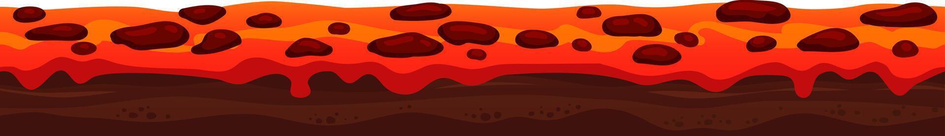 Seamless horizontal illustration depicting hot lava flowing over dark ground, surrounded by rocks, creating a striking and dynamic scene filled with fiery energy and vibrant colors vector