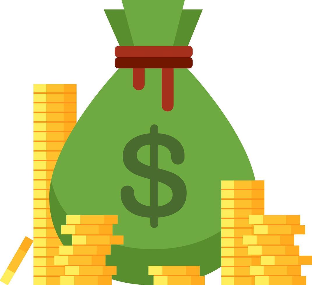 Green money bag featuring a prominent dollar sign, surrounded by stacks of gleaming gold coins, representing savings, investment, wealth, and financial success in an engaging way vector