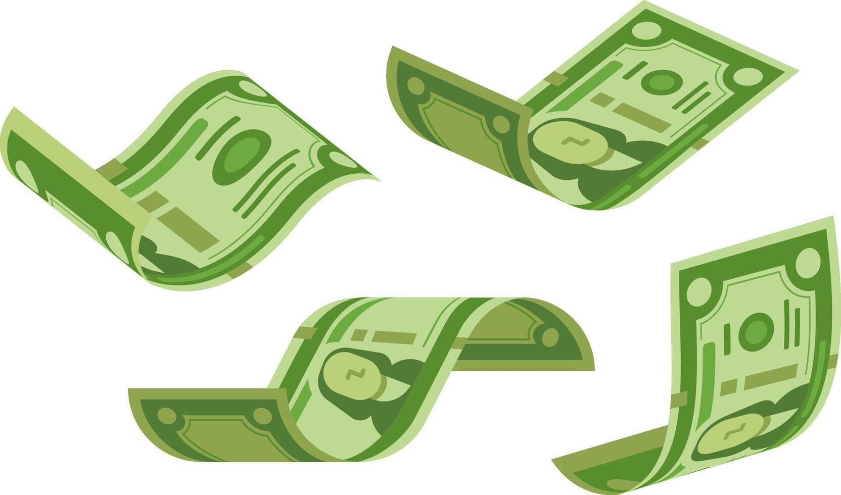 Four green dollar bills are floating and waving in different positions, representing concepts like wealth, investment, and financial success vector