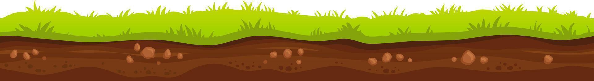 Seamless cartoon soil and grass with rocks, ground surface with stones, underground layers, earth texture, nature background, illustration vector