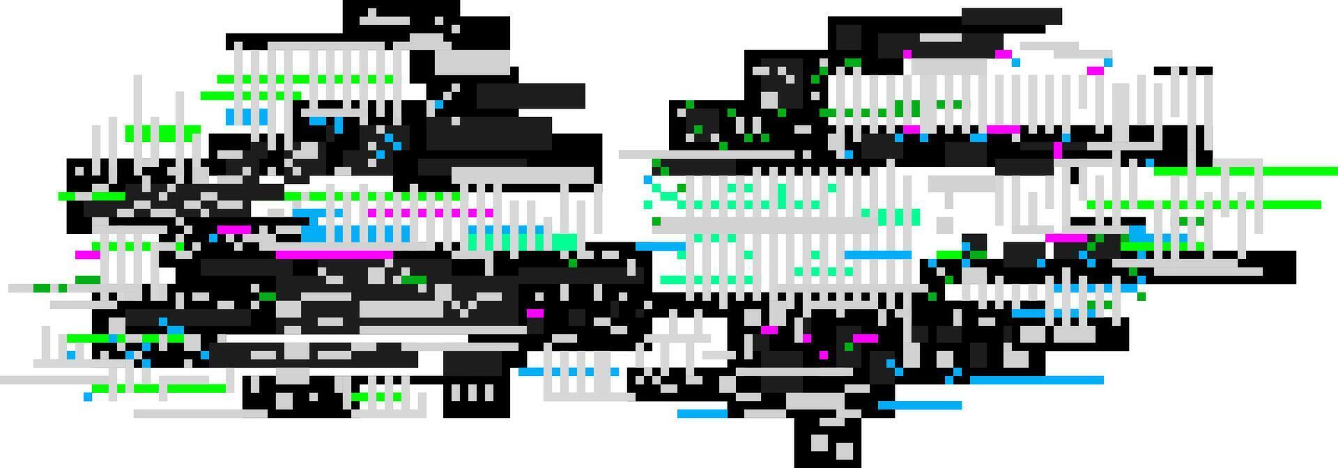 Colorful pixel sorting effect distorting a digital image, creating an abstract glitch art composition with black, white, green, blue and magenta mosaic tiles vector