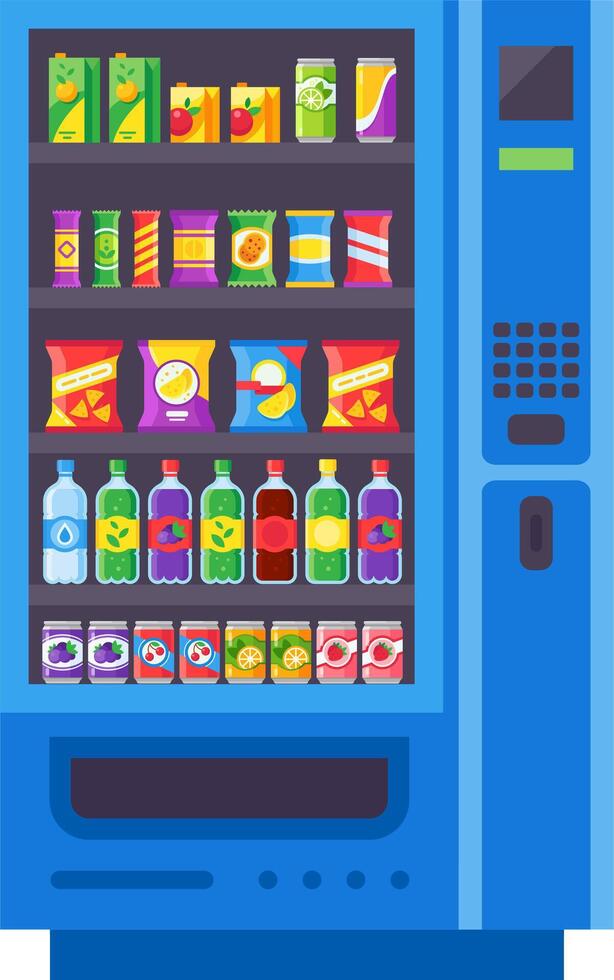 Vending machine featuring a colorful array of snacks and drinks, including soda, juice, water, chips, and chocolate bars, providing convenient options for quick refreshment and snacking vector