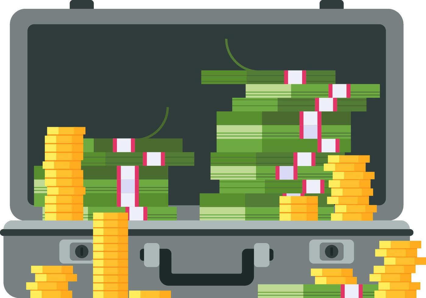 Open metal briefcase overflowing with banknotes and gold coins, representing wealth, abundance, and financial success. Capturing the essence of investment and prosperity in one striking image vector
