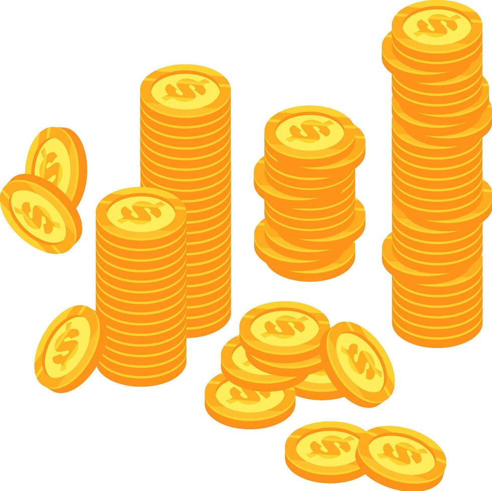 Stacks of gold coins featuring dollar signs rising upward, symbolizing the concepts of earning, saving, and accumulating wealth, profit, and financial growth vector