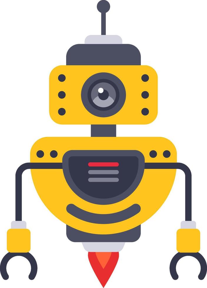 Yellow and gray friendly robot with a camera and claw arms, flying and hovering with rocket boosters, embodying the concept of artificial intelligence and futuristic technology vector