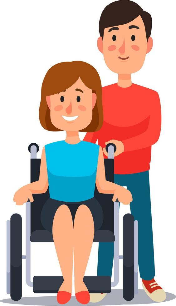 Young man pushing a smiling woman in a wheelchair, embodying the spirit of inclusivity and showcasing the importance of support and care for individuals with disabilities vector